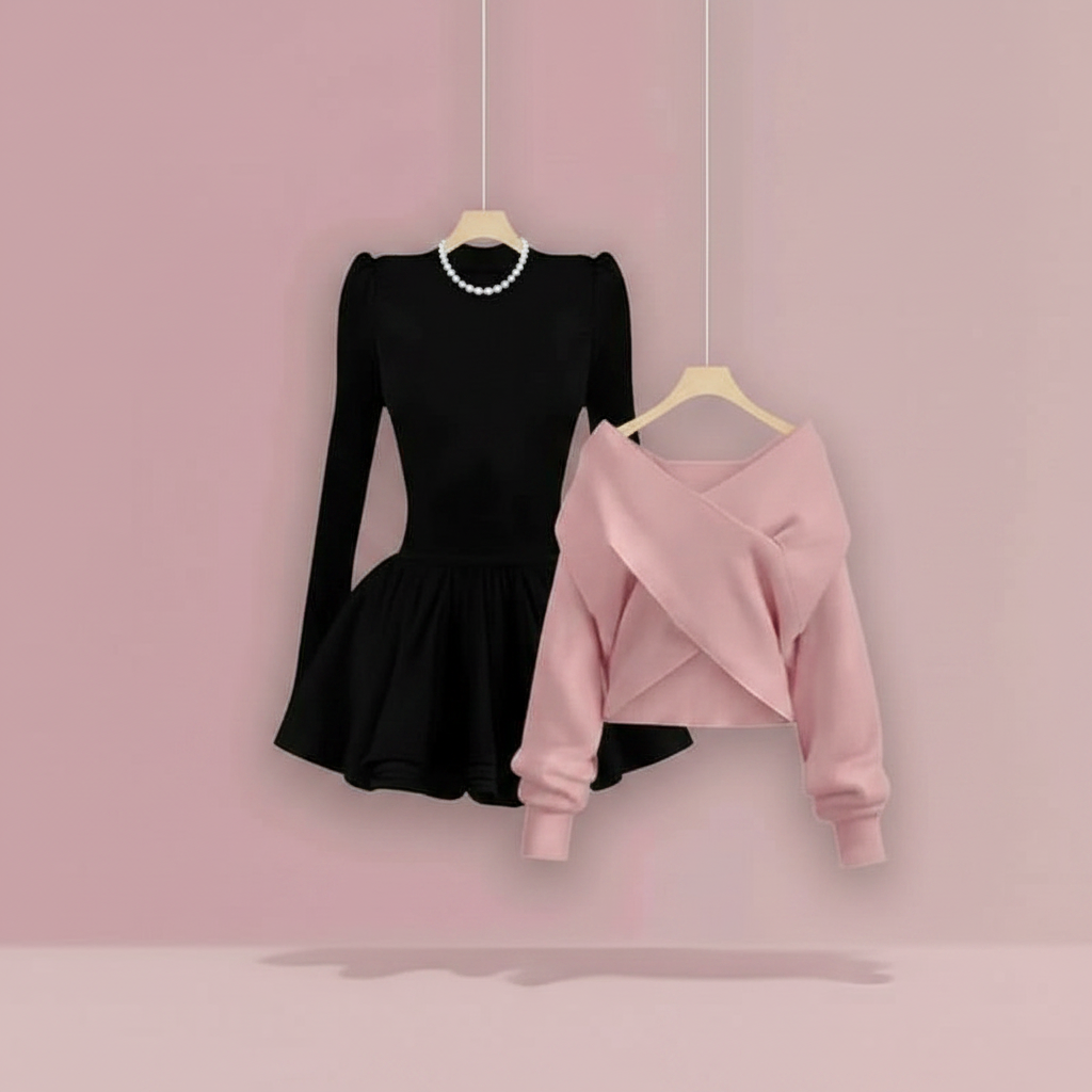 Women Graceful Pink Short Sweater Mini Black Ball Gown - Vusy Kawaii Shop