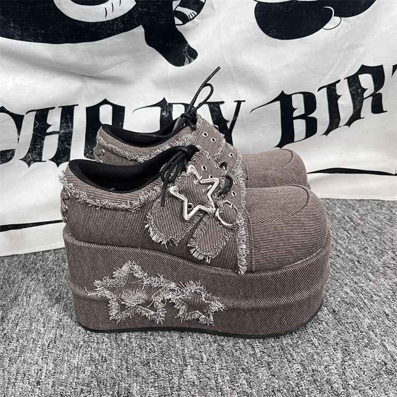 GURURU Original Star Denim Subculture Spicy Girl Thick Sole Shoes Lorita PU Round Head Fashion Street Girl Shoes