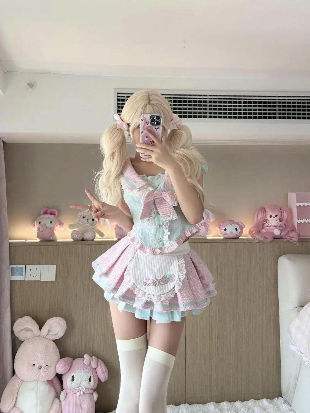Bow Sailor Collar Lace Short Sleeved Shirt and High Slim - Vusy Kawaii Shop