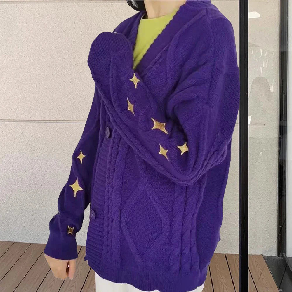 Women Winter Loose Knitted Cardigans Coat Star Embroidery - Vusy Kawaii Shop