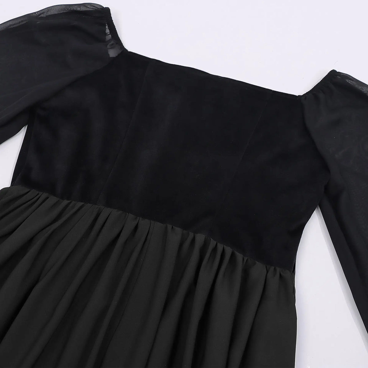Close up of square neckline and sheer bell sleeve detail on black witch dress
