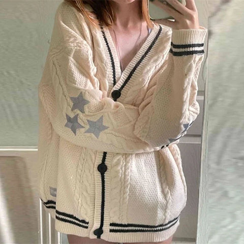 Women Winter Loose Knitted Cardigans Coat Star Embroidery - Vusy Kawaii Shop