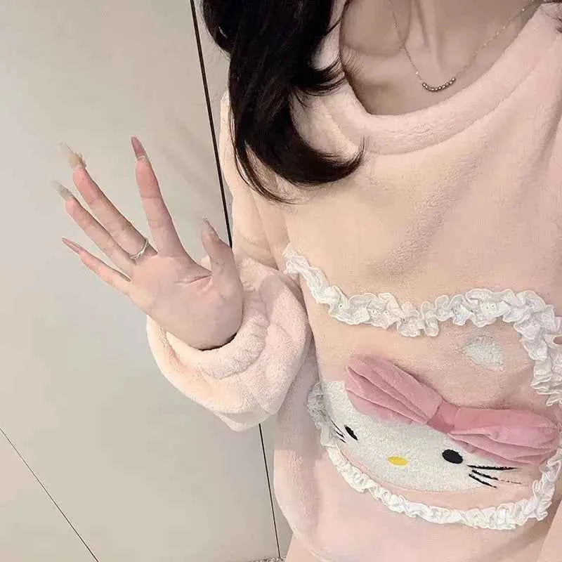 Kawaii Hello Kittys Flannel Autumn Winter Thickened Warm Pajamas Women Casual Loose Round Neck Home Clothes Suit Cartoon Cute