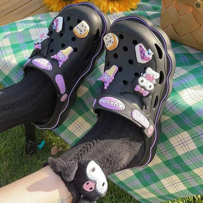 Kawaii Sanrioed Hello Kittys Cave Shoes Women's Summer Sandals with Thick Heels Kuromi Cinnamoroll Casual Slippers Female Gift