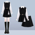 Brown Preppy Knit Vest Shirt and Pleated Skirt Set