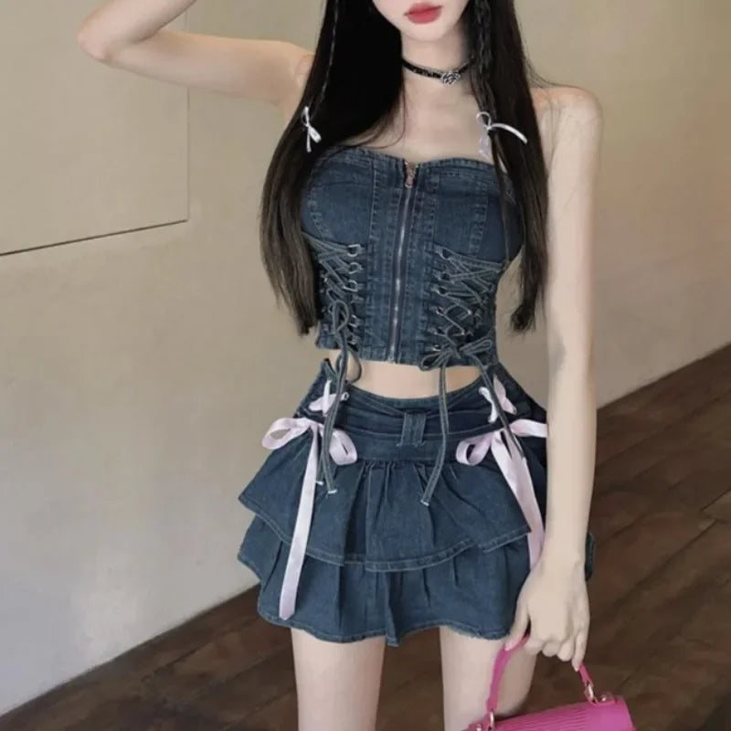 Vintage Sweet 2 Piece Set Denim Mini Skirt Women Ruffle - Vusy Kawaii Shop