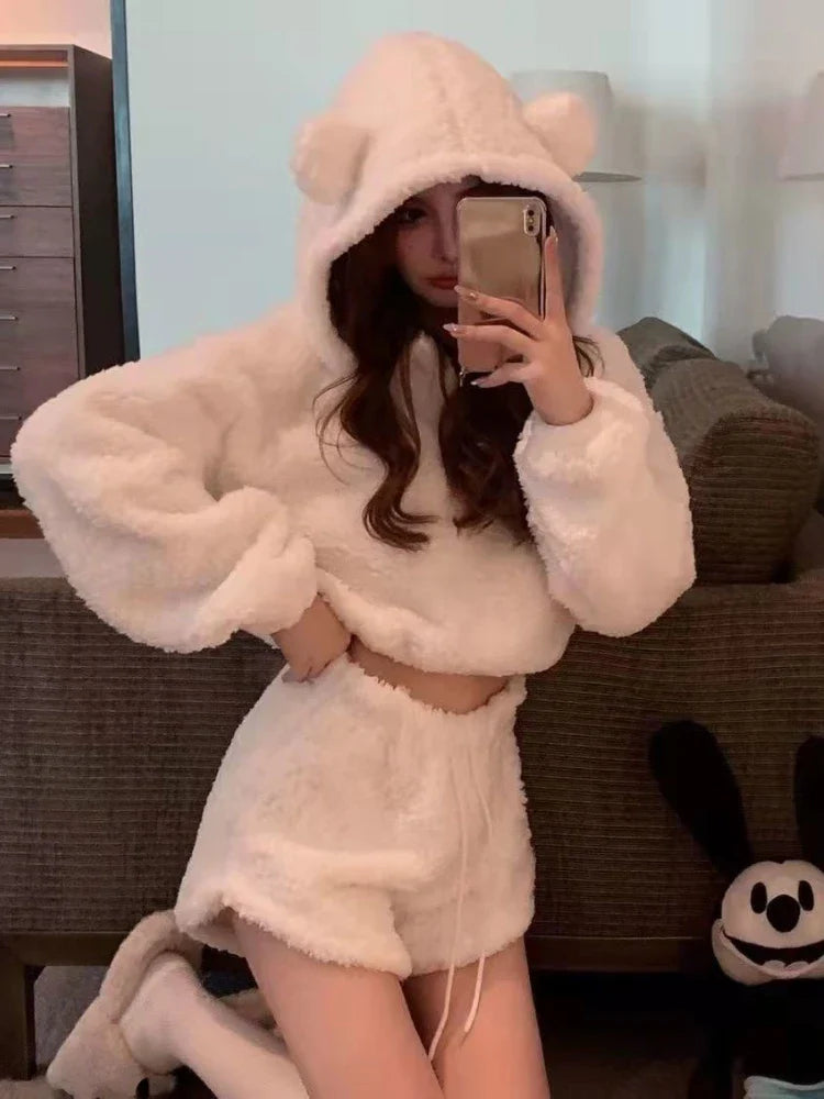 Kawaii Two Pieces Set Women Crop Hoodies and Mini Shorts - Vusy Kawaii Shop