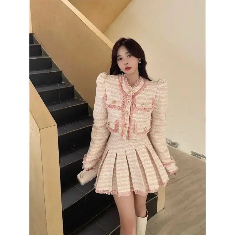 Small Fragrance Blue Tweed Coat Elegant Pink Tassel Jacket - Vusy Kawaii Shop