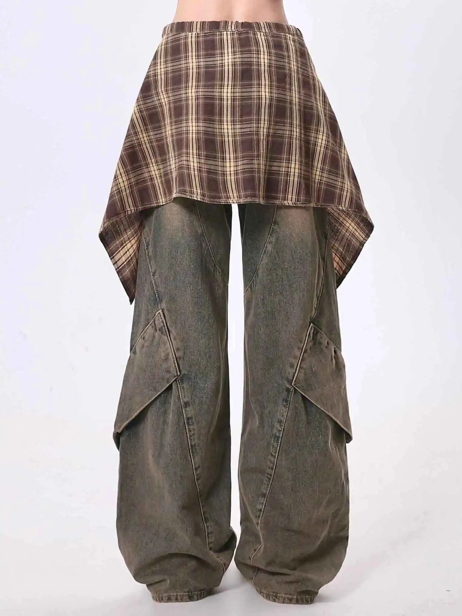 Women Blue Y2k Jeans with Skirt Harajuku Vintage Baggy Denim Trousers Japanese 2000s Style Oversize Jean Long Pants Clothes New