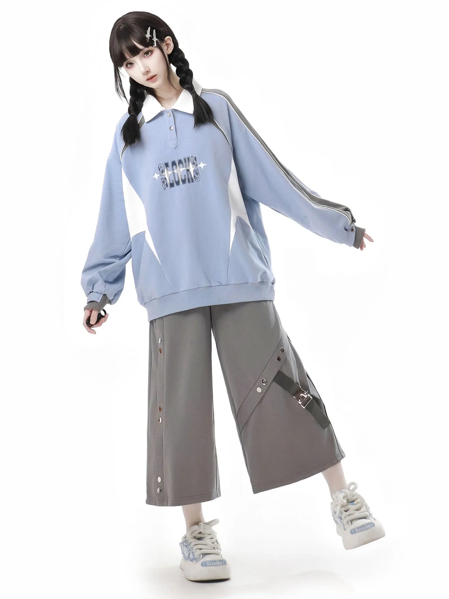Blue and Grey Splicing Academy Style Hoodie Set Tracksuit - Vusy Kawaii Shop