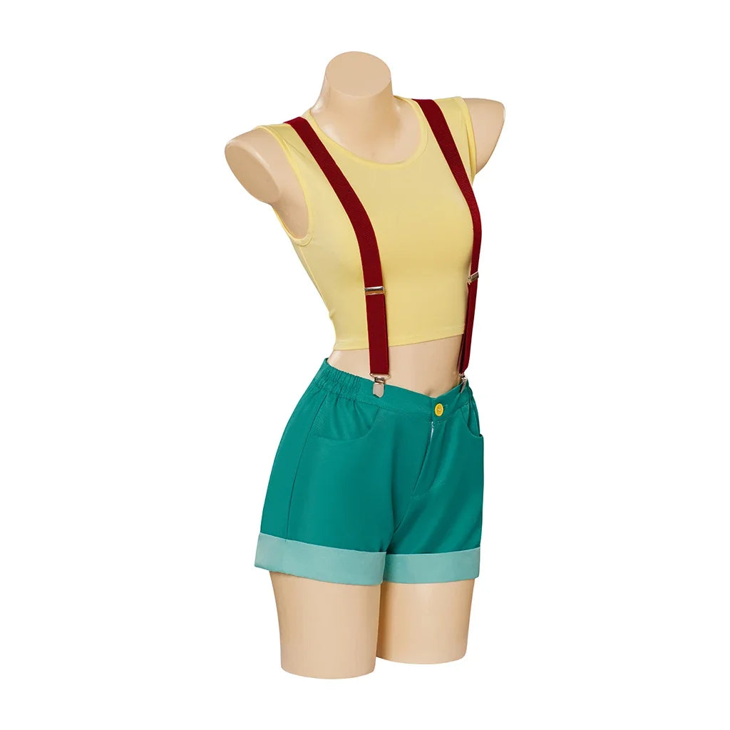 Misty cosplay costume yellow crop top with red suspenders, detail view