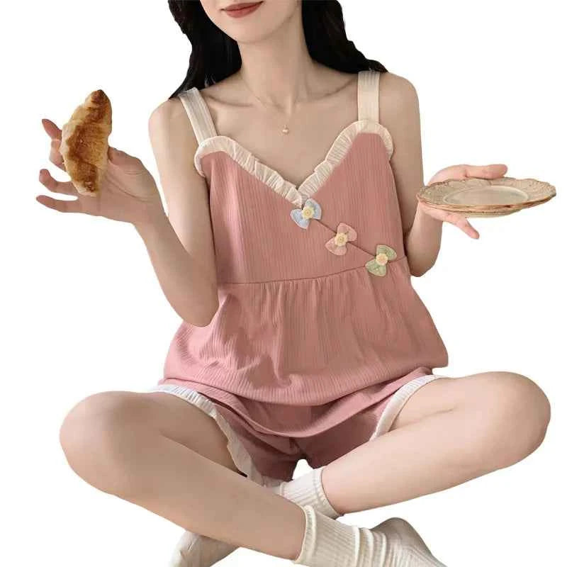 Women's New Cool Korean Version of the Japanese Summer Pajamas Female Summer Suspenders Shorts with Cushion Homewear Suit