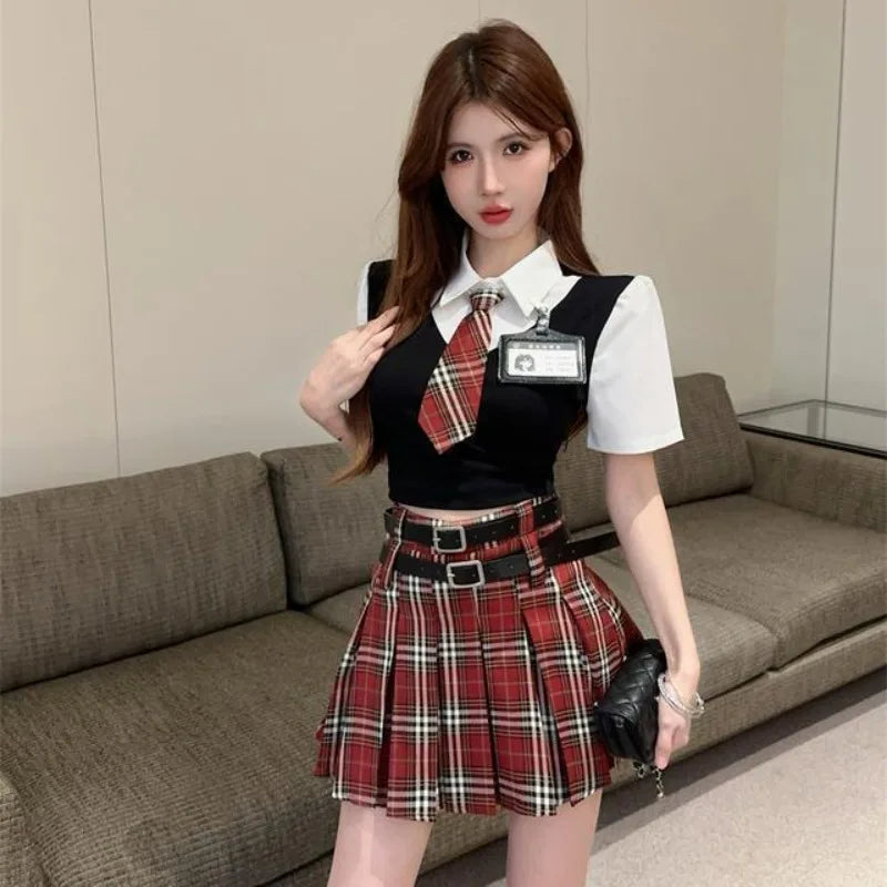 Summer Uniform Fake Two Piece Short Sleeve Top - Vusy Kawaii Shop