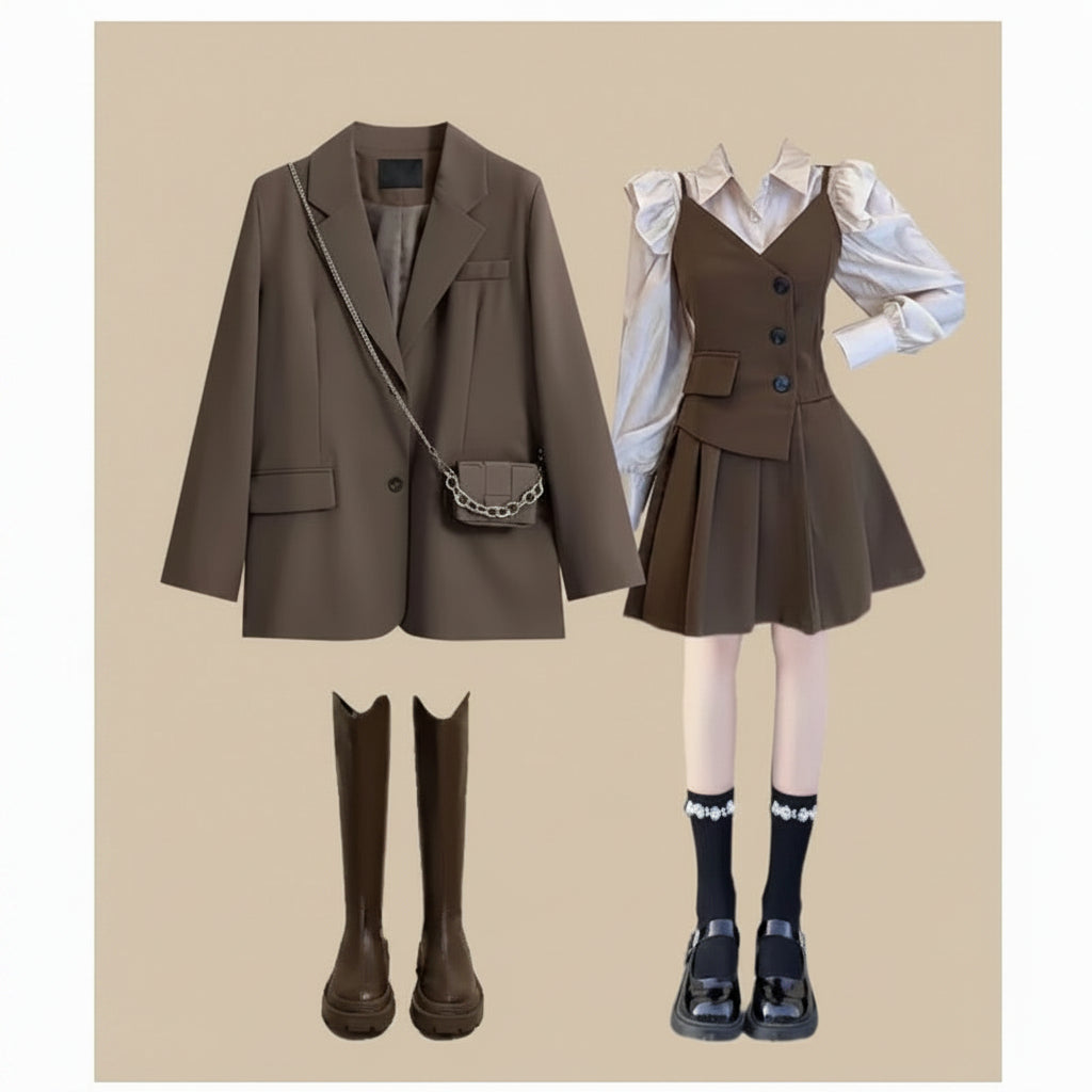 Spring Autumn Fashion Set Blazer, Shirt Mini Dress - Vusy Kawaii Shop