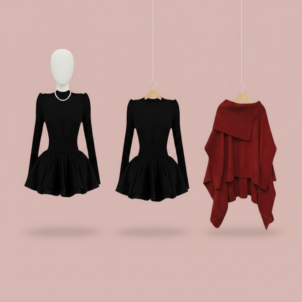 Women Graceful Pink Short Sweater Mini Black Ball Gown - Vusy Kawaii Shop