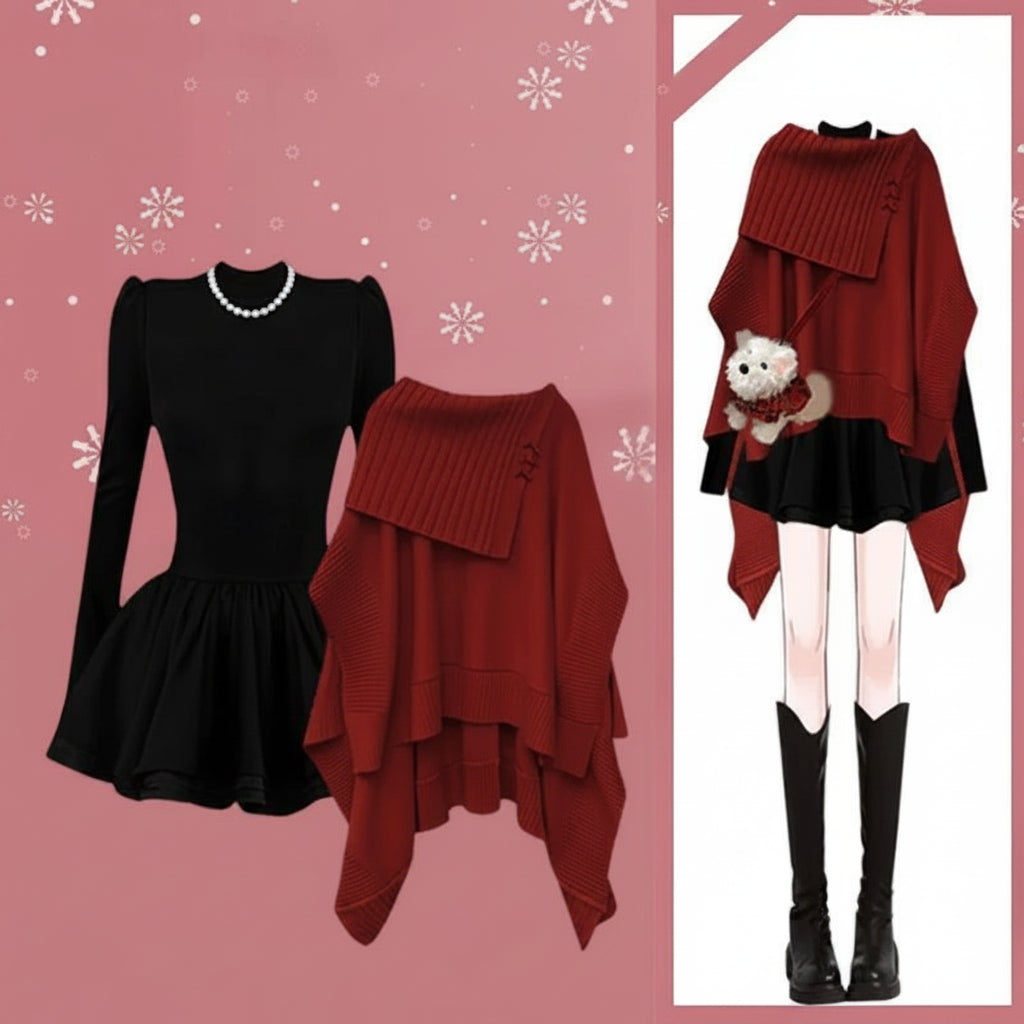 Women Graceful Pink Short Sweater Mini Black Ball Gown - Vusy Kawaii Shop