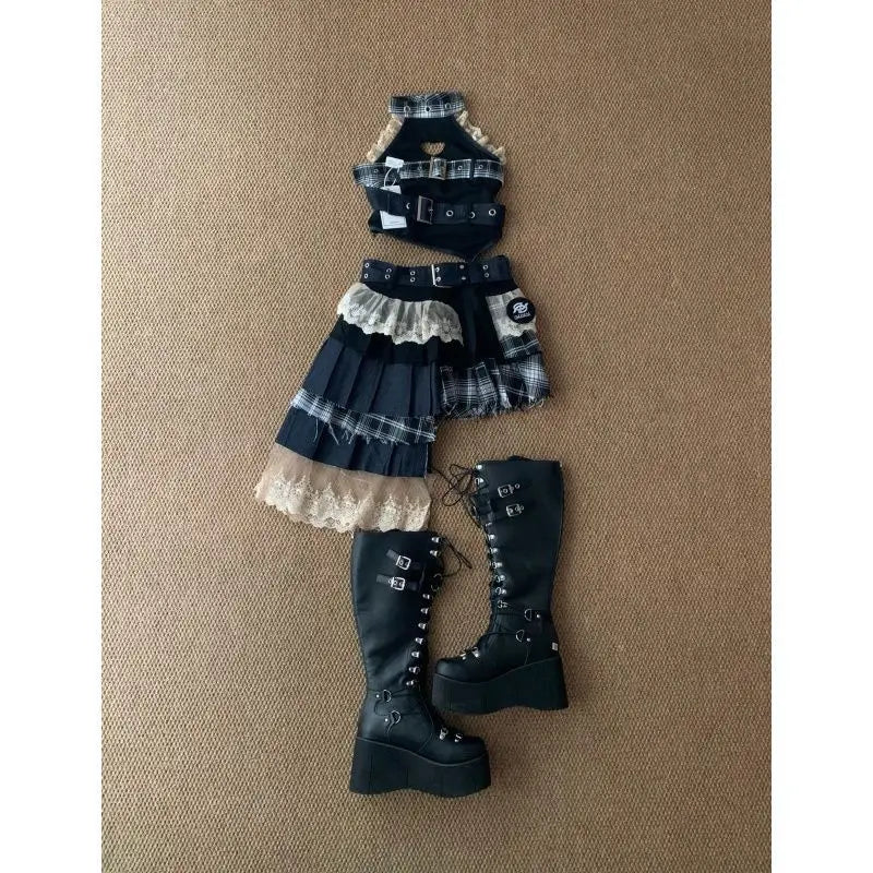 Summer Girl Suits Vintage Lace Patchwork Sleeveless Top - Vusy Kawaii Shop
