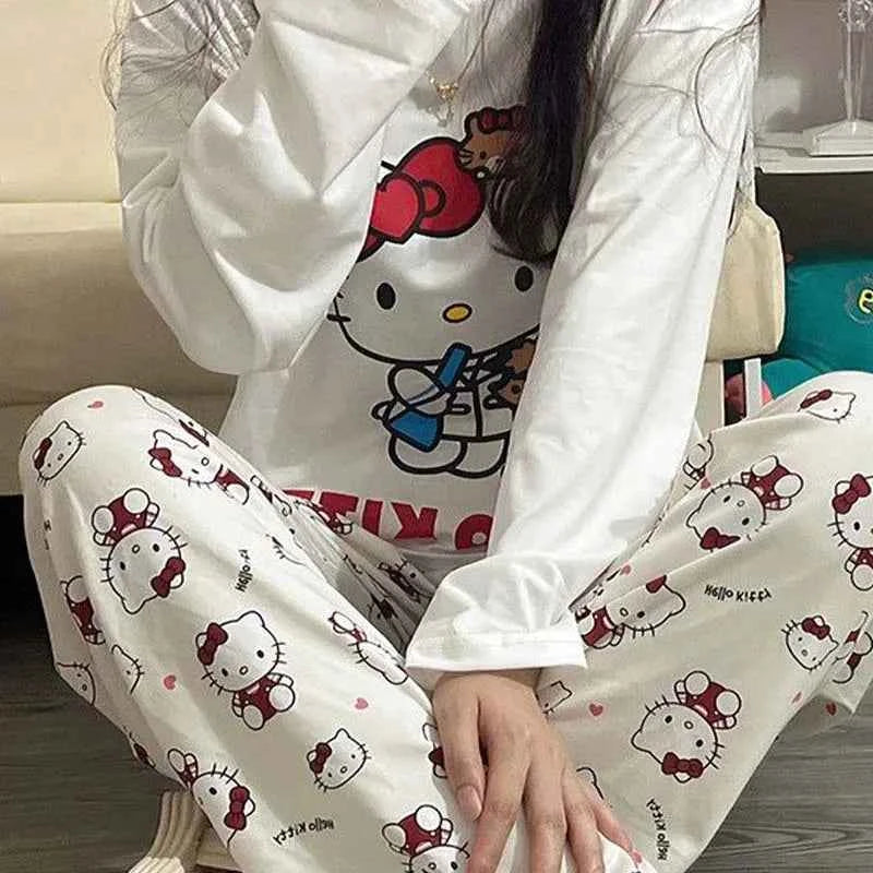 Kawaii Sanrios Hello Kitty Women's Pajamas Set Anime Cartoon Students Autumn Winter Polyester Long Sleeved Girls Nightwear Gift