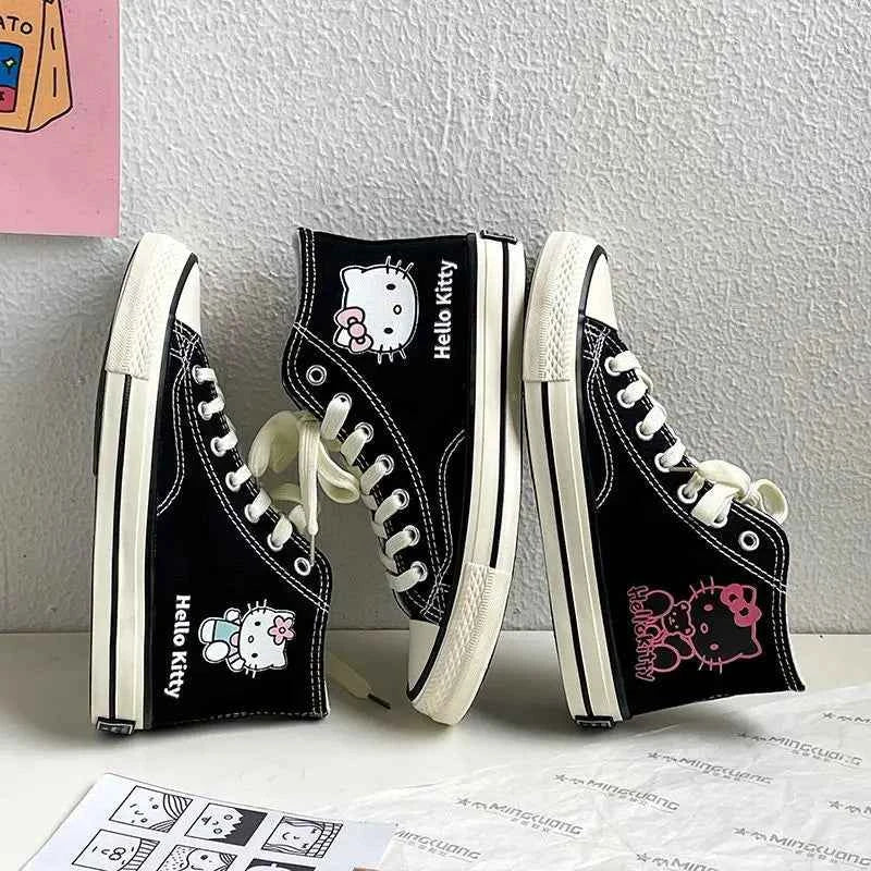 Kawaii Hello Kittys High Tops Canvas Shoes Women Sanrios Student Cartoon Graffiti Skateboard Shoes Girl Preppy Versatile Sneaker