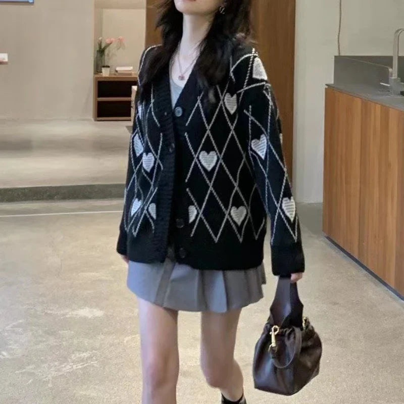 Women Heart Pattern Jacquard Sweater Long Sleeve Love Style - Vusy Kawaii Shop
