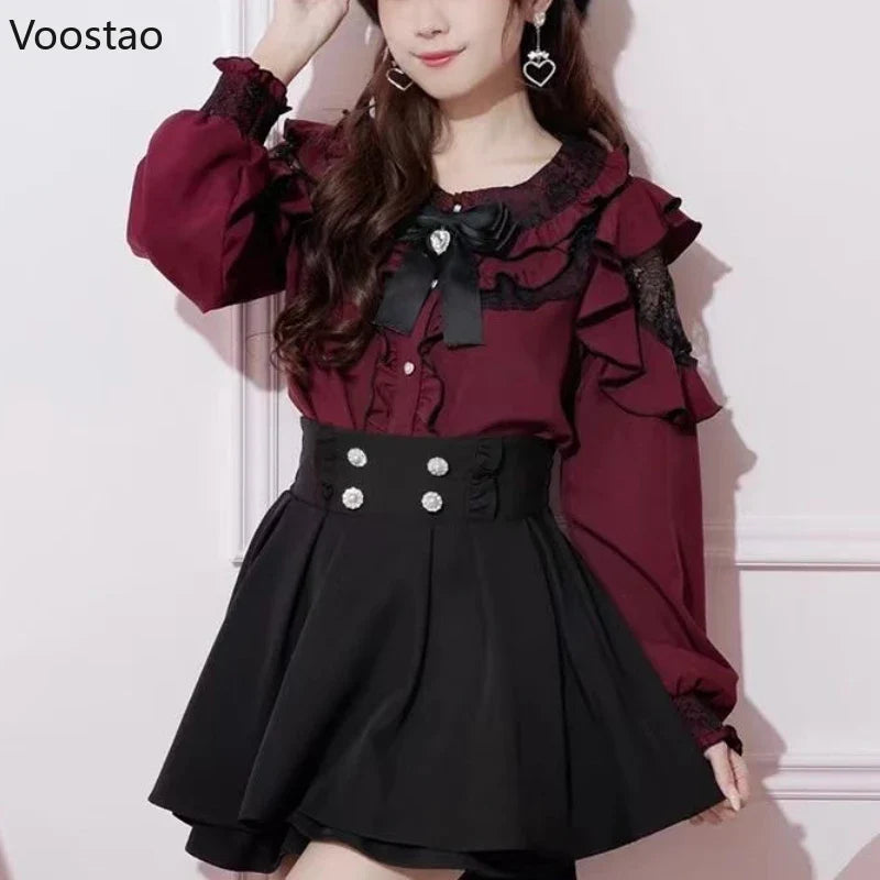 Japanese Gothic Lolita Shirt Women Aesthetic Sweet Bow Lace - Vusy Kawaii Shop