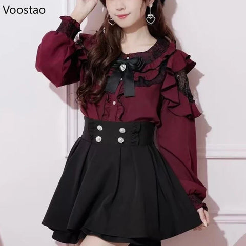 Japanese Gothic Lolita Shirt Women Aesthetic Sweet Bow Lace - Vusy Kawaii Shop