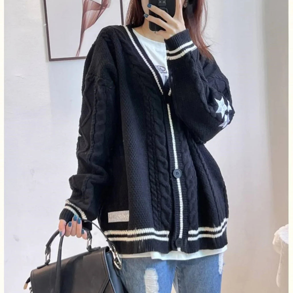 Women Winter Loose Knitted Cardigans Coat Star Embroidery - Vusy Kawaii Shop