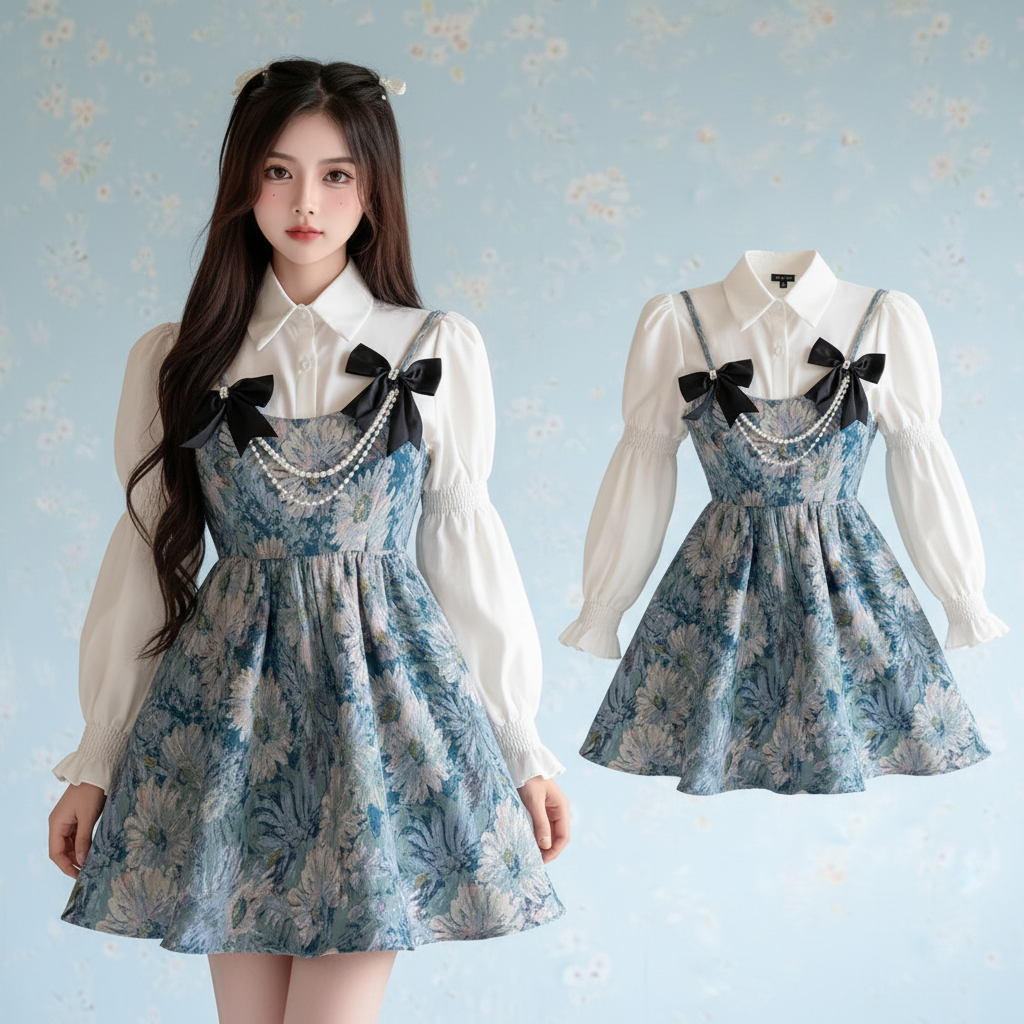 Lolita Style Sweet Blouse and Mini Sling Dress Two Piece Set - Vusy Kawaii Shop