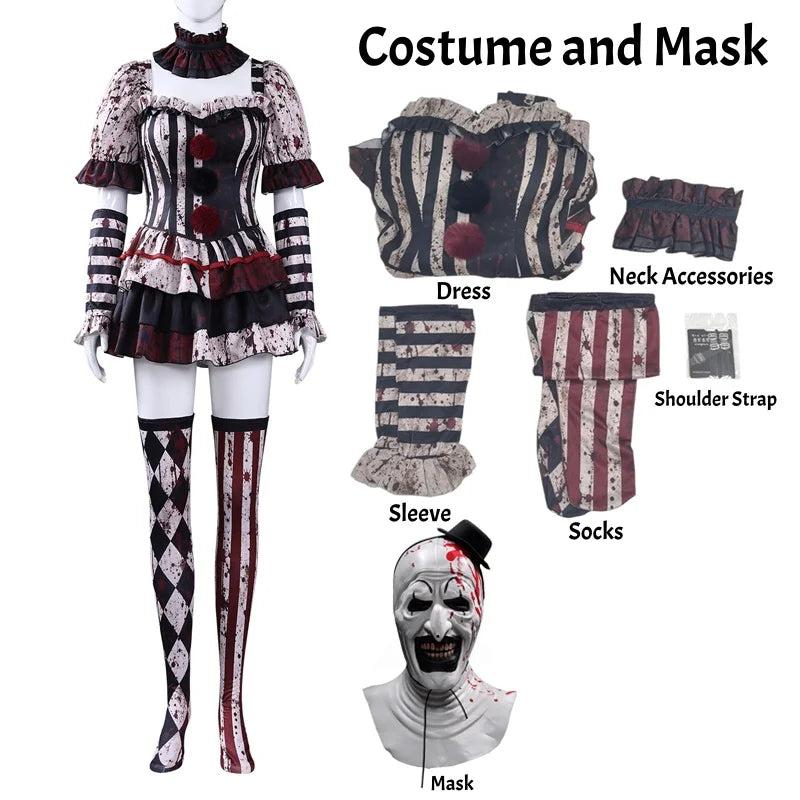 Bloody clown costume on mannequin with set pieces and scary clown mask included