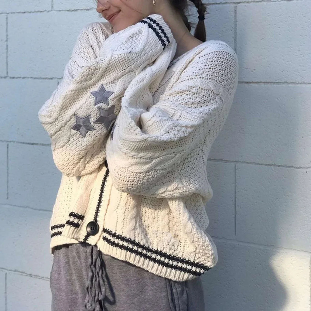 Women Winter Loose Knitted Cardigans Coat Star Embroidery - Vusy Kawaii Shop