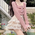Kawaii Sweet Ruffles Square Collar Long Sleeve Cardigan Coat - Vusy Kawaii Shop