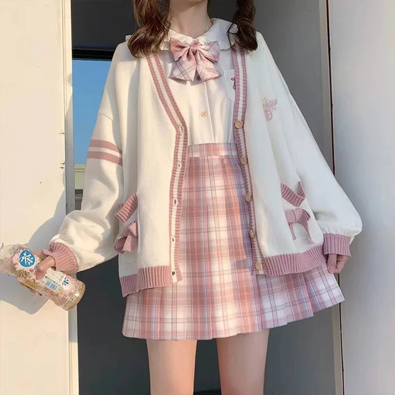 Pink Bow Women Sweaters Cardigan Korean Sweet Knitted Loose - Vusy Kawaii Shop