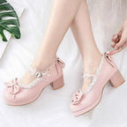 Women Kawaii Mid Block Heel Mary Jane Rockabilly Pumps with Bow Platform Chunky Heel Cute Sweet Shoes