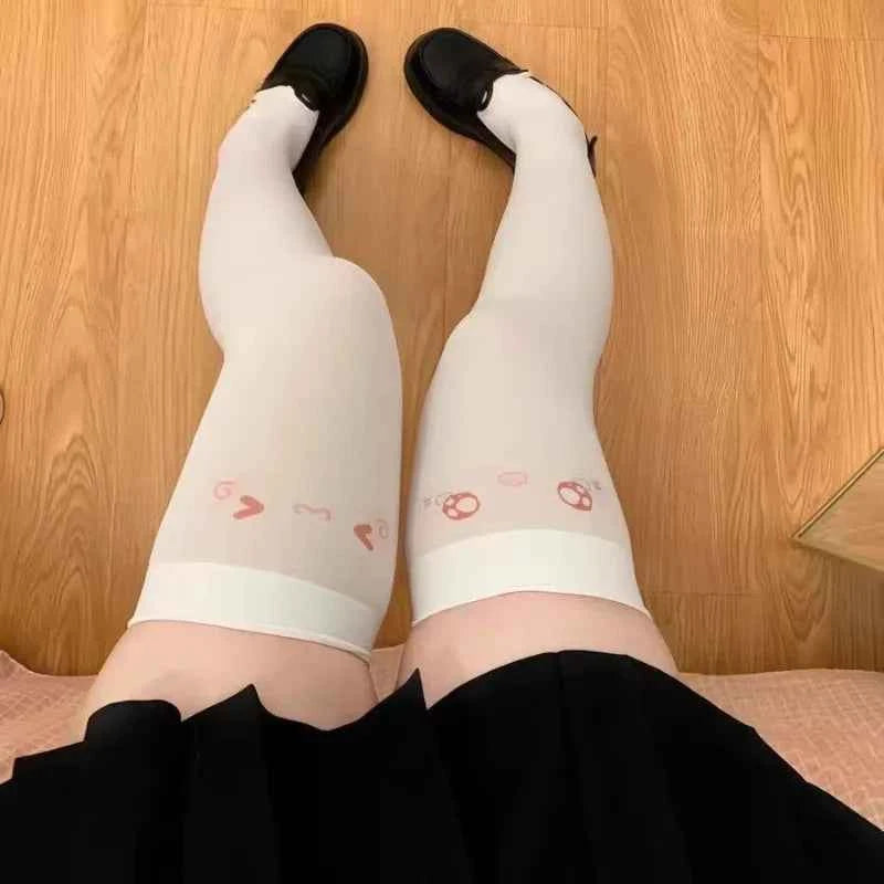Japanese Kawaii Expression Thigh Socks White Print Long Socks JK Harajuku Over Knee Thigh High Stockings Y2K Cosplay Socks