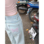 Blue Jeans for Women High Quality High Waist American Wide Leg Pants Bow Embroidery Y2K Vintage Straight Summer Trousers 2024