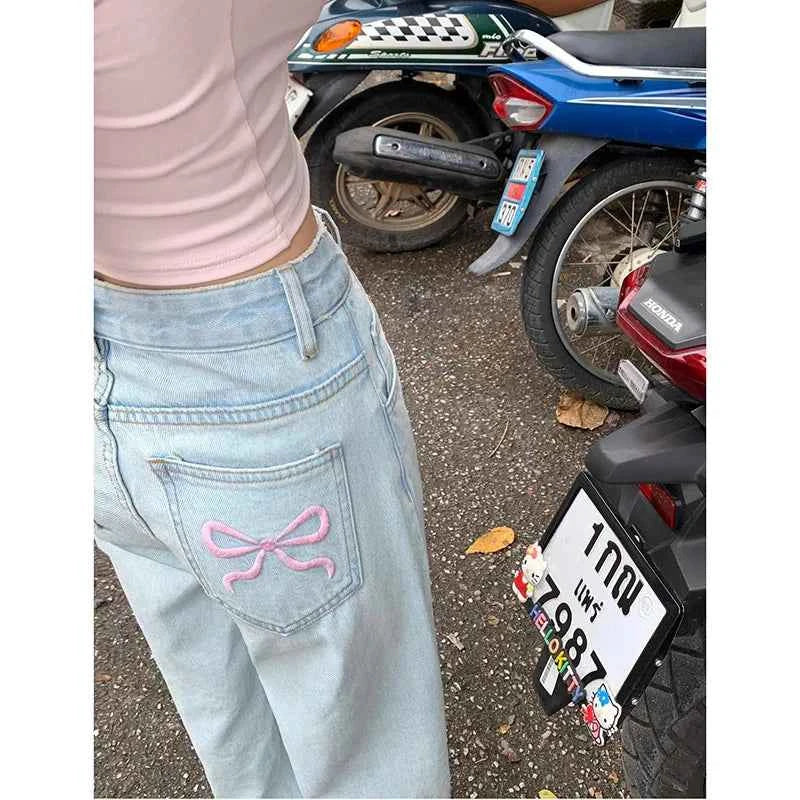 Blue Jeans for Women High Quality High Waist American Wide Leg Pants Bow Embroidery Y2K Vintage Straight Summer Trousers 2024