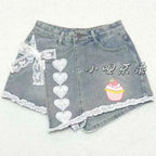 Japanese Sweet Lace Edge Patchwork Cotton Denim Cute Shorts