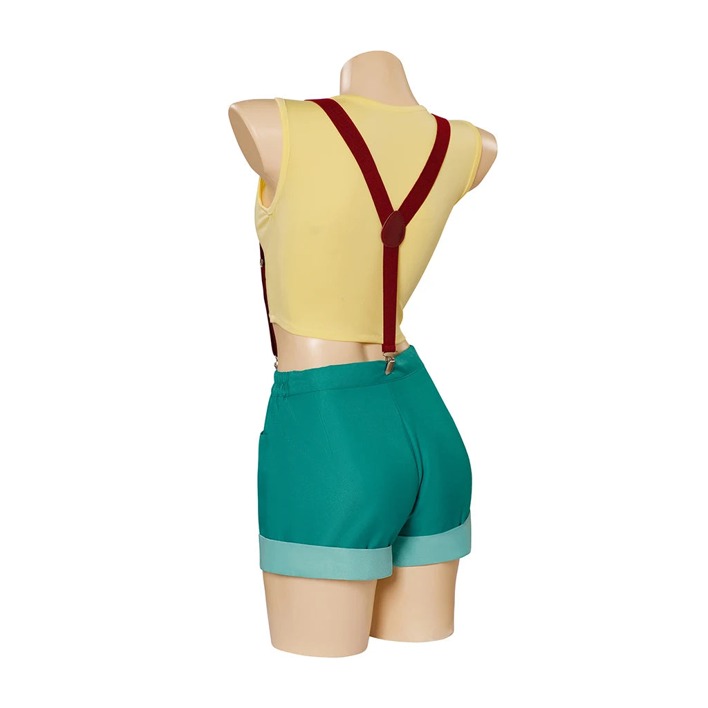 Misty cosplay costume with yellow crop top and teal shorts, side view