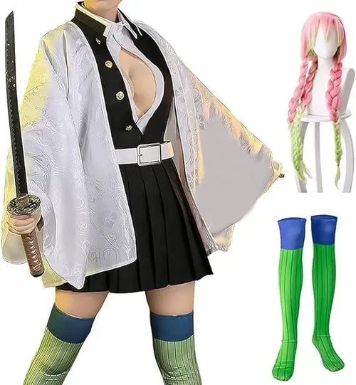 Mitsuri Kanroji Demon Slayer cosplay with pink wig and sword on model