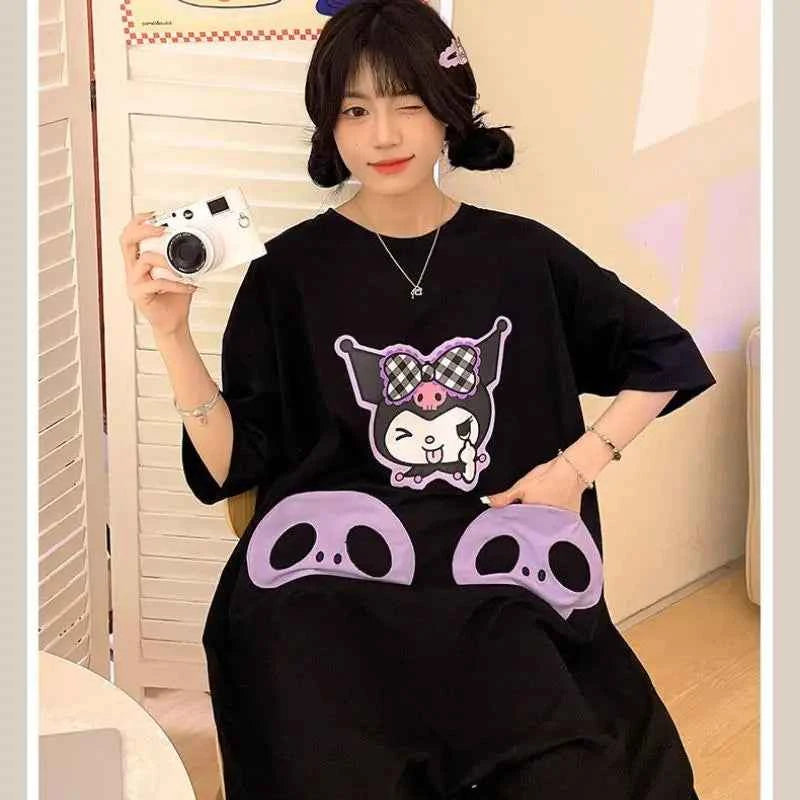 Sanrios Cute Pajamas Kuromi Summer Kawaii Nightgown New Style Student Fashion Thin Loose Comfort Casual Cartoon Home Clothes