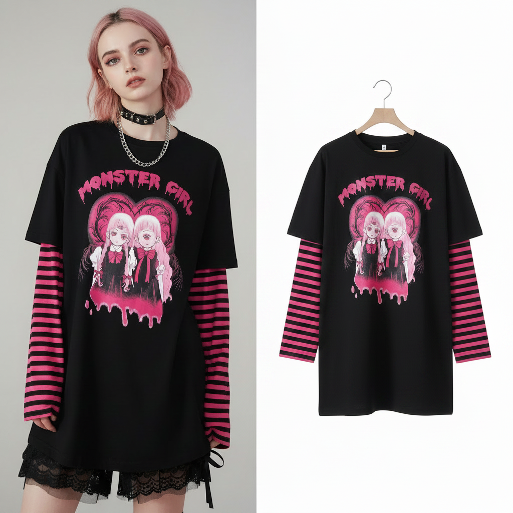 Harajuku Y2K T-shirt Women Japanese Horror Comics Twins Print