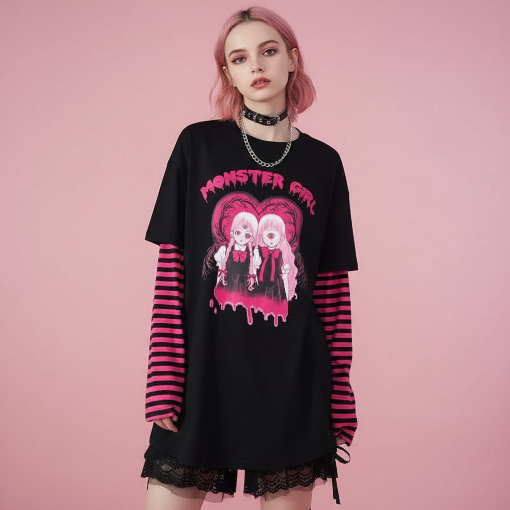 Harajuku T-Shirt Women Japanese Horror Comics Twins Print - Vusy Kawaii Shop
