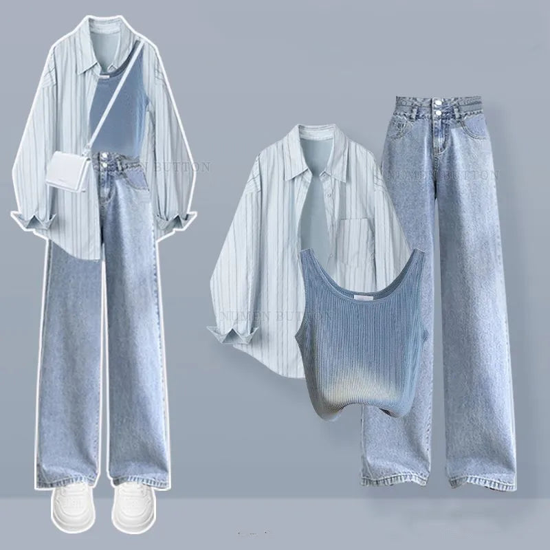 Summer Fall Fashion Striped Shirt and Vest and Jeans Suit - Vusy Kawaii Shop