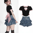 Skirt Set Bow Tie Love Hollow Out Crop Top Denim Ruffled - Vusy Kawaii Shop