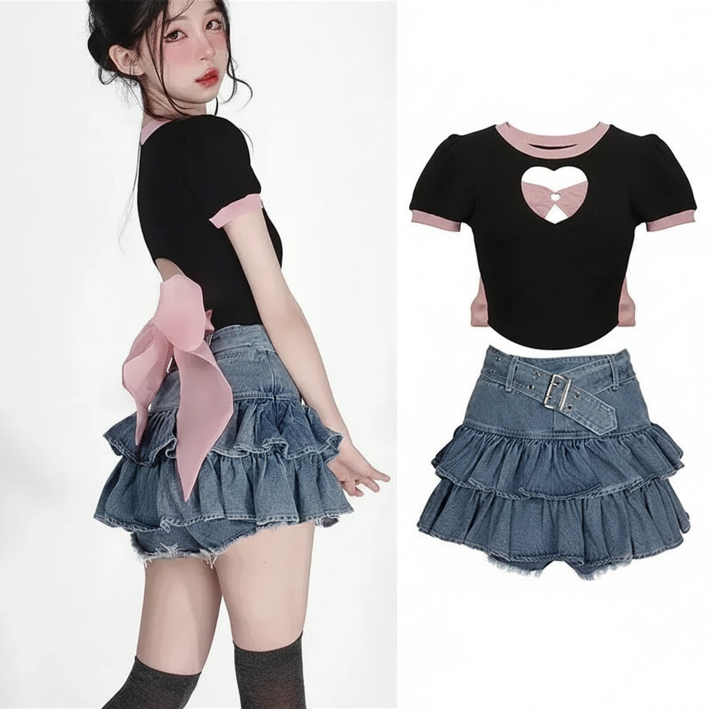 Skirt Set Bow Tie Love Hollow Out Crop Top Denim Ruffled - Vusy Kawaii Shop