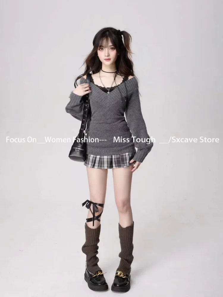 Knitted Suits Autumn Winter Woman V-Neck French Vintage Long - Vusy Kawaii Shop