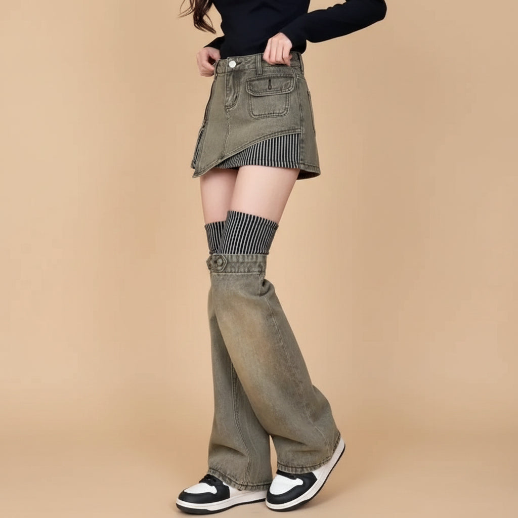 Street Punk Subculture Denim Skirt Sweet Striped Splicing - Vusy Kawaii Shop