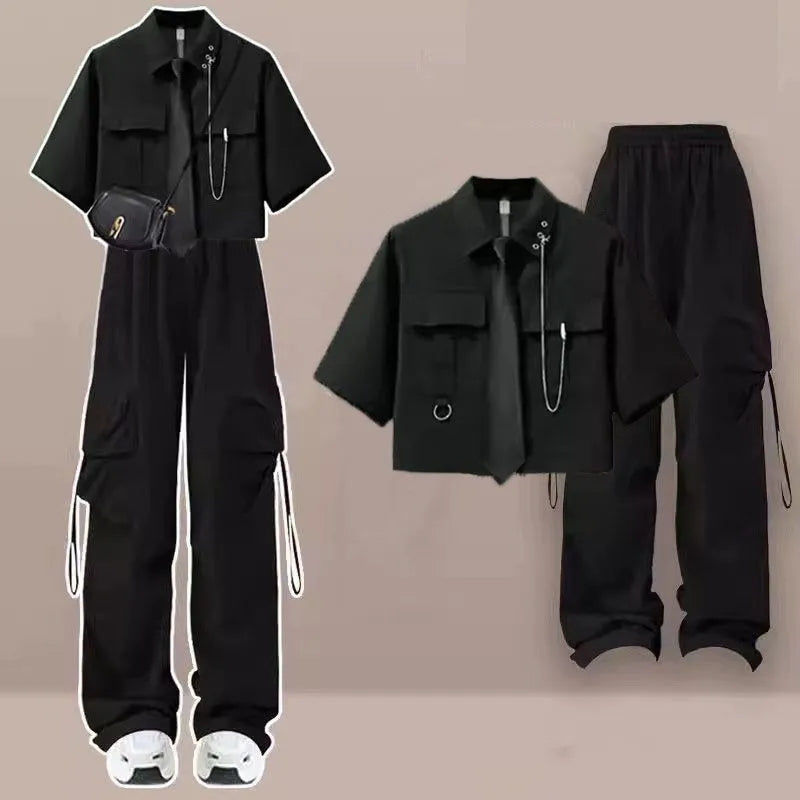Tracksuit Set Korean College Style with Short-Sleeve Shirt - Vusy Kawaii Shop