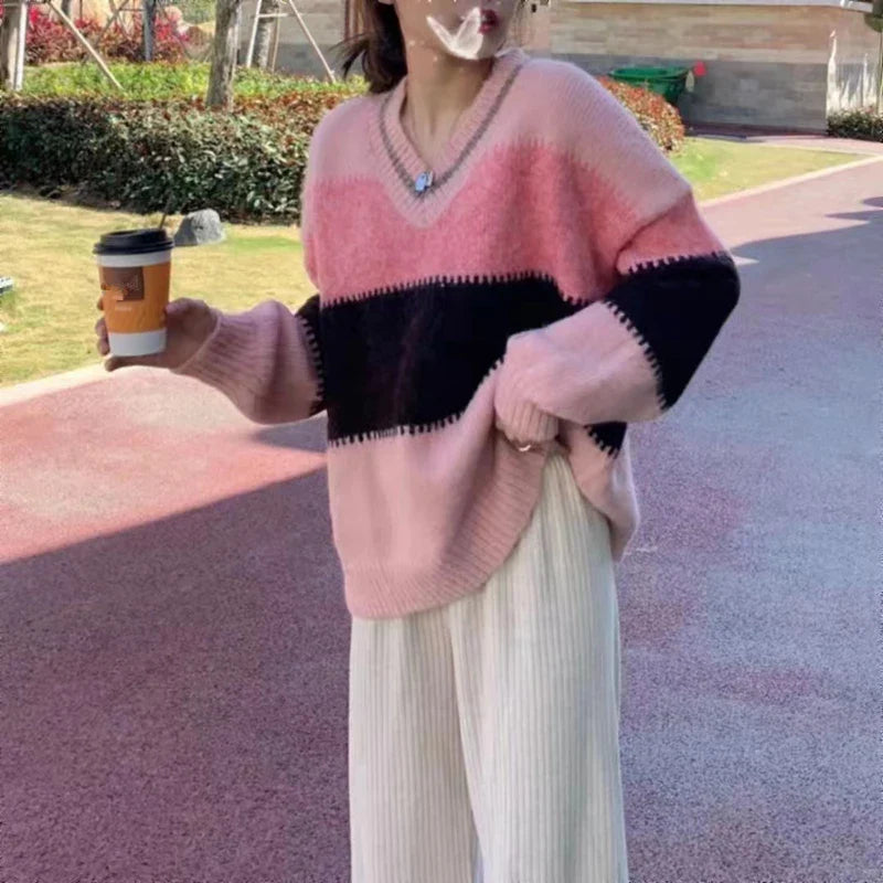 Women Winter Patchwork Sweater Korean V-Neck Pink Loose Knit - Vusy Kawaii Shop