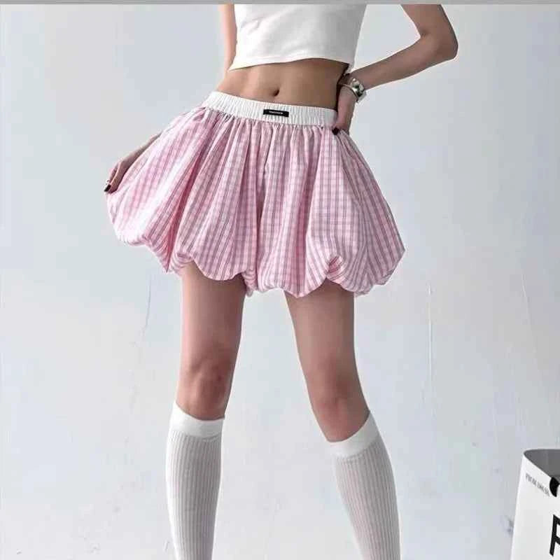 Sweet Pink Plaid Flower Bud Shorts Skirt Summer High Waist